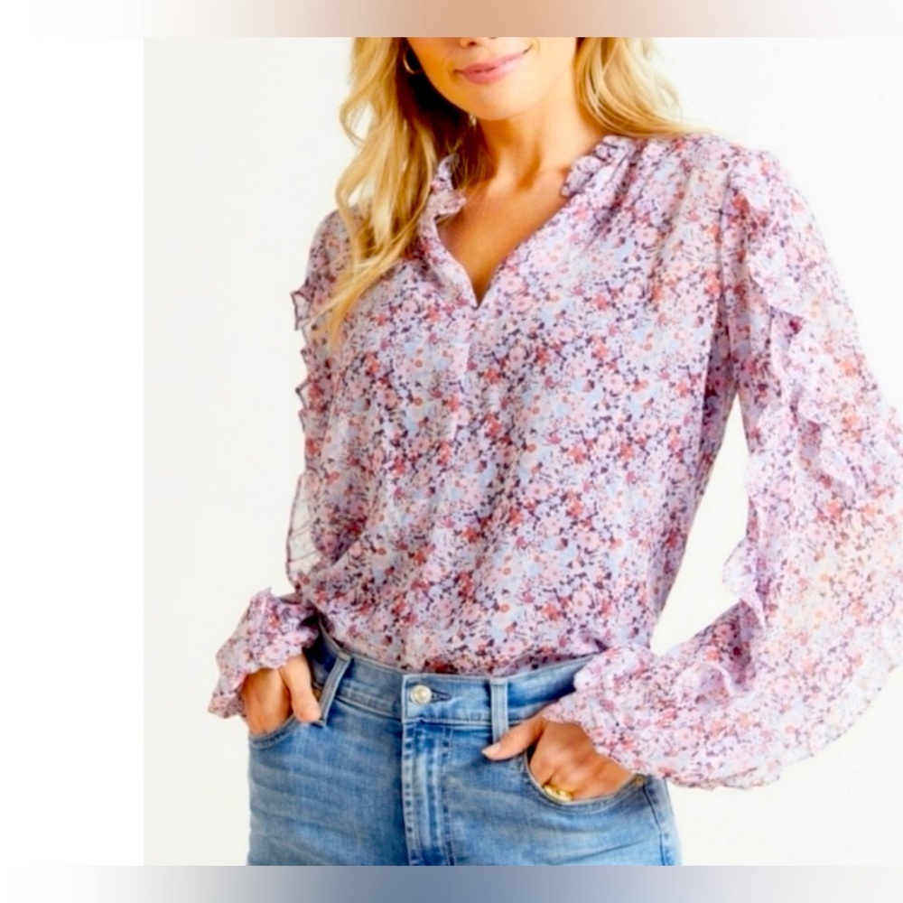 Evereve Roan + Ryan Molly Mini Ditsy Floral Ruffle Sheer Chiffon Blouse size M